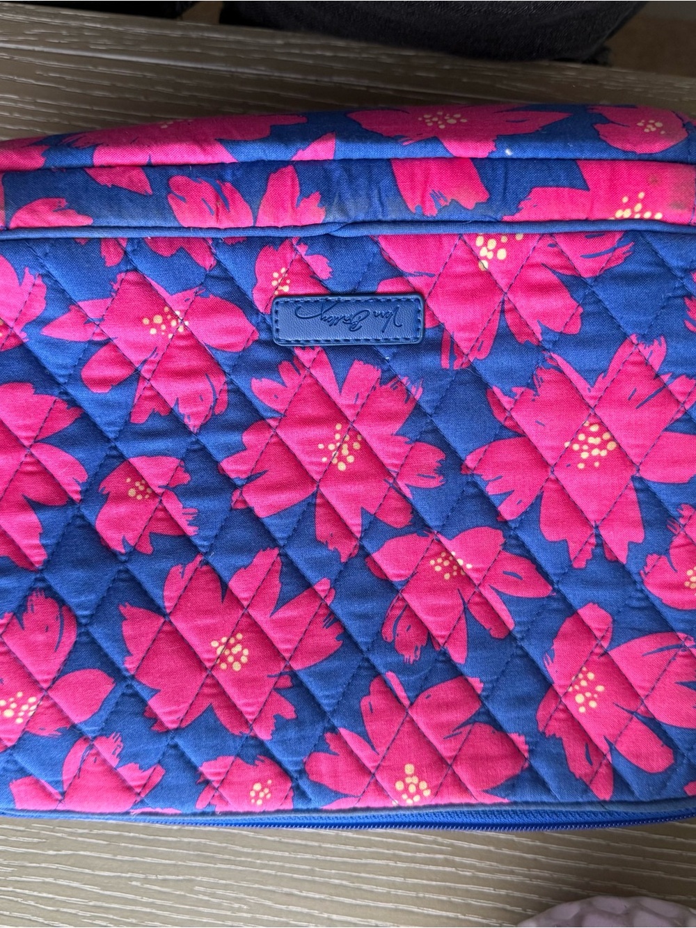 Vera Bradley Blue Quilted Cosmetic Pouch with Pink Floral Print